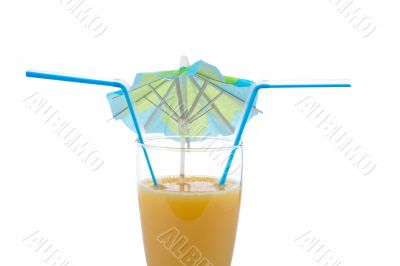 Vanilla milkshake with umbrella and straws