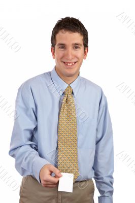 Businessman handing a blank card