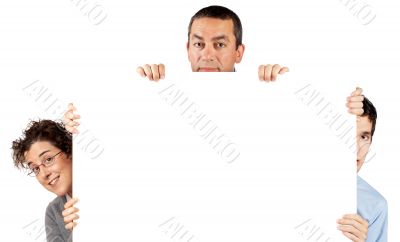 Two business man and woman behind theposter