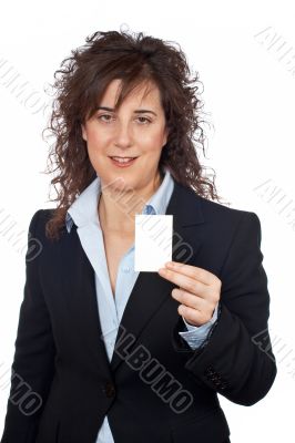 Business woman holding one blank card