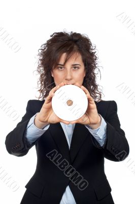 Business woman holding a dvd disc