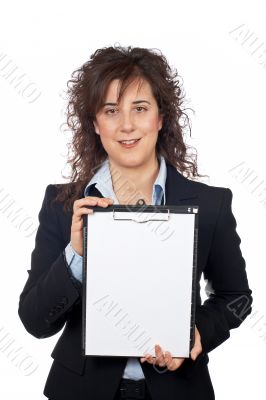 Business woman showing a notebook