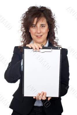 Business woman showing a notebook