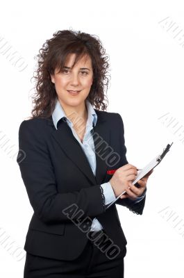 Smiling business woman writing