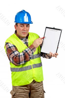 Construction worker showing a blank notebook