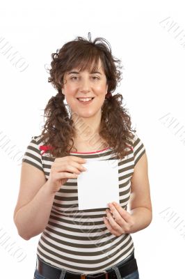Woman holding one blank card
