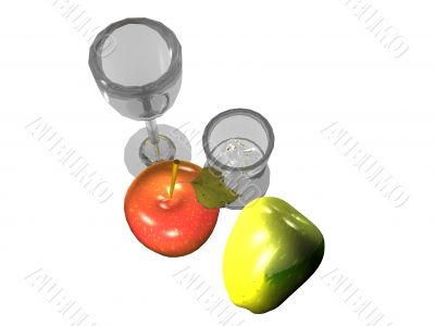 Still life with apple, pear and glasses
