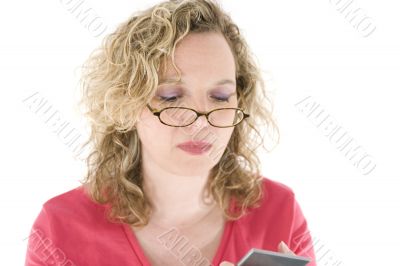 Attractive blonde with glasses and a lipstick