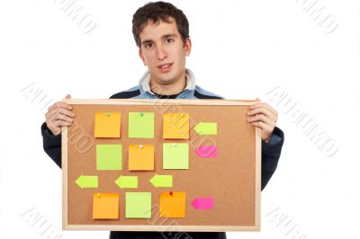 Holding the corkboard with notes