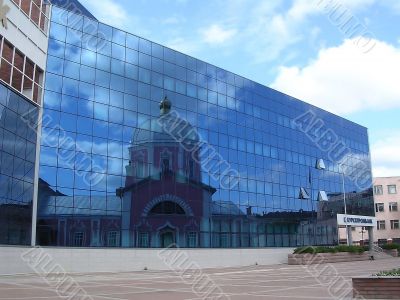 The reflection in the windows of homes temple