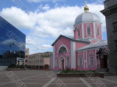 The reflection in the windows of homes temple