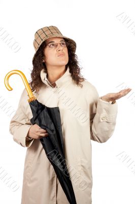 Upset woman holding umbrella