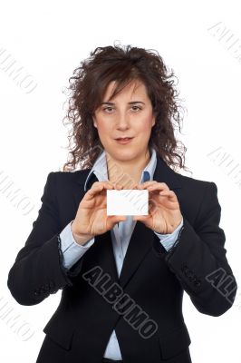 Business woman holding one blank card