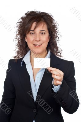 Business woman holding one blank card