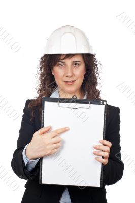 Female architect showing a notebook