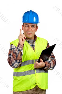 Construction worker with the finger up