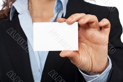 Business woman holding one blank card