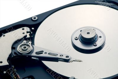 open hard drive isolated with visible head