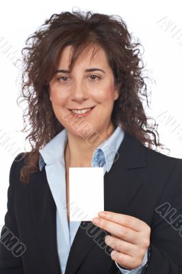 Business woman holding one blank card