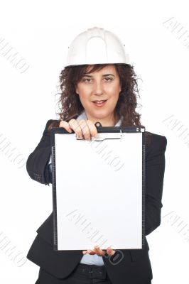 Female architect showing a notebook