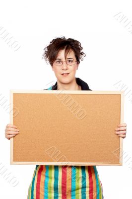 Housewife holding the empty corkboard