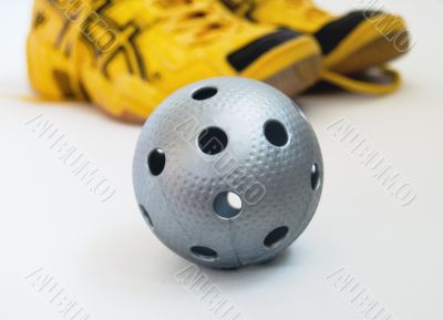 Floorball ball and shoes