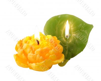 two candles (yellow flower and green leaf)