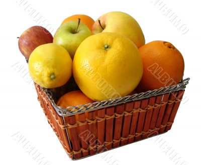 apple, orange, lemon in basket on white background