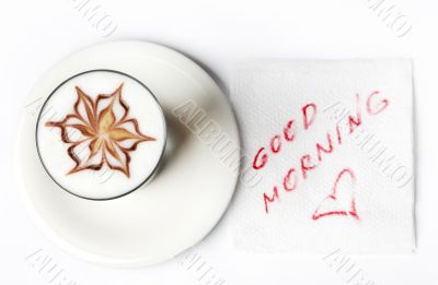 barista latte coffee glass with good morning note