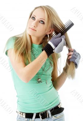hair combing teenager girl