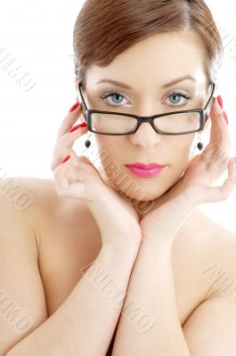 topless lady in black plastic eyeglasses