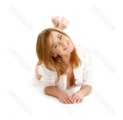 happy girl laying on the floor