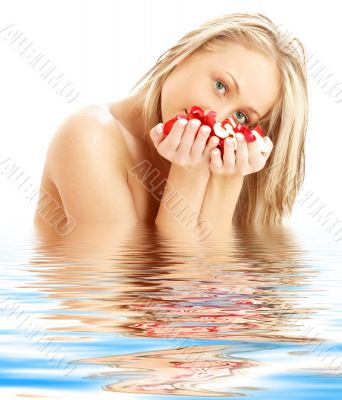 	blond with red and white rose petals in water #2