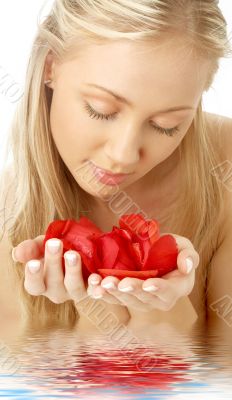 lovely blond in water with red rose petals