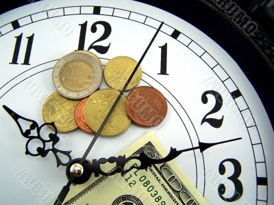 Watches and coins of euro.
