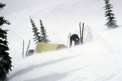 Snowstorm, camp on Mt St Helens