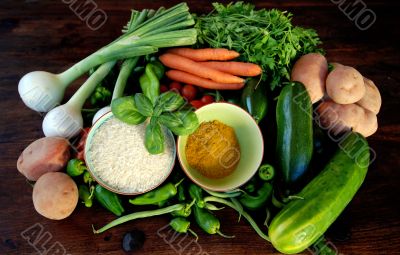 Curry, rice and vegetables