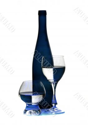 blue bottle and glasses
