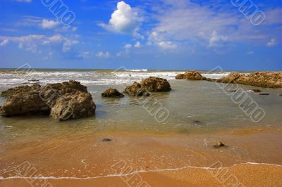 Stony beach.