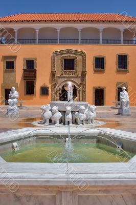 Sculptures and a fountain.