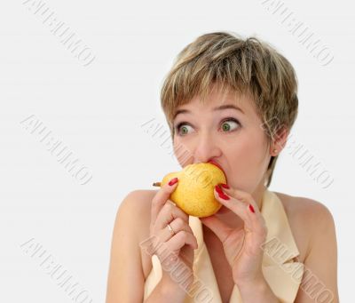Funny girl with a pear