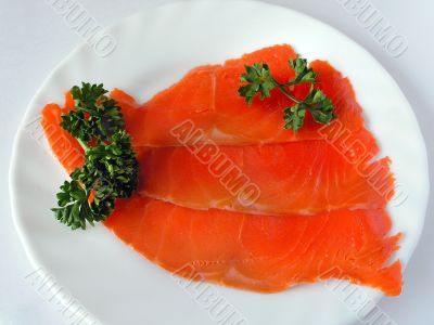 Slice of  salmon on plate