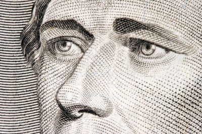 Alexander Hamilton close up from 10 dollar bill