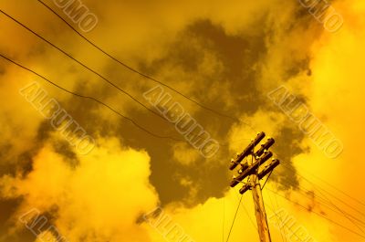 telegraph pole over sunset sky background