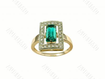 Golden ring with big emerald and diamonds