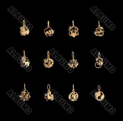 Twelve gold jewelry symbols on the zodiac. A horoscope.