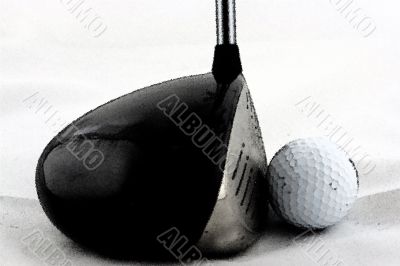 Golf drive with ball in black and white