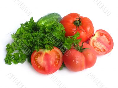 Cucumbers, tomatoes and greens