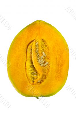 tasty ripe melon and seeds isolated on white