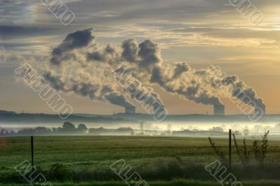 nuclear power station in the morning fog